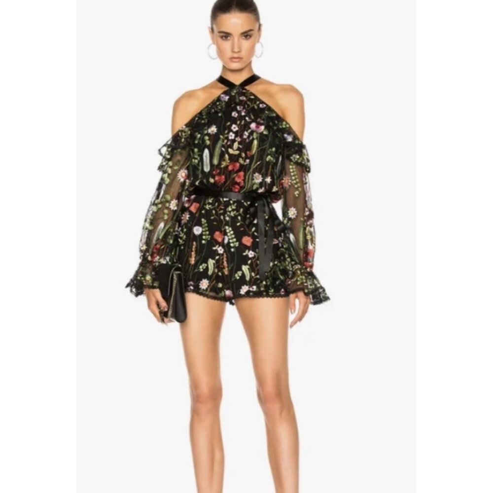 Alexis Brenna Romper‎ Black Garden Embroidered Floral Cold Shoulder Sx Small NWT